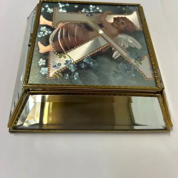 Beveled Glass Jewelry Trinket Box Victorian Style Angel Flowers Monogram K
